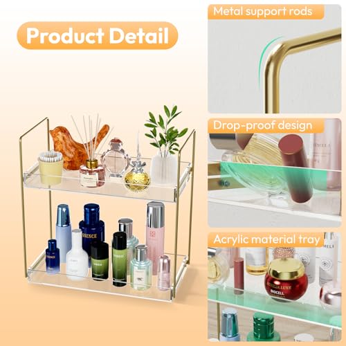 Bathroom Countertop Organizer, 2 Tier Acrylic Tray Vanity Counter Skincare Organizer Shelf, Kitchen Under Sink Standing Rack, Home Storage Holder for Lotion Makeup Cosmetics Perfume Spice, Gold - color: Gold, size: 2 Tier