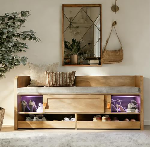 STO’Sense 47" Shoe Storage Bench with Cushion, Entryway Bench with UV Light & Backrest, Farmhouse Shoe Cabinet Bench with 2 Sliding Doors & 2 Pop-Out Drawers for Bedroom End of Bed, Hallway (Oak)