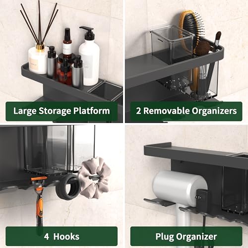 Hair Dryer Holder Wall Mounted Adhesive/Drilling, Hair Dryer Storage Organizer with Shelf & Hooks for Bathroom, Blow Dryer Holder, Hair Tool Organizer (Grey) - color: Gray