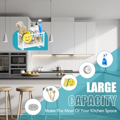 Sponge Holder for Kitchen Sink with Flexible Sponge Holder Smiley Face,2 Tier Kitchen Sink Organizer Countertop and Storage Essentials,Soap Dispenser Organize,Home Decor Accessories-White - color: 2 Tier White