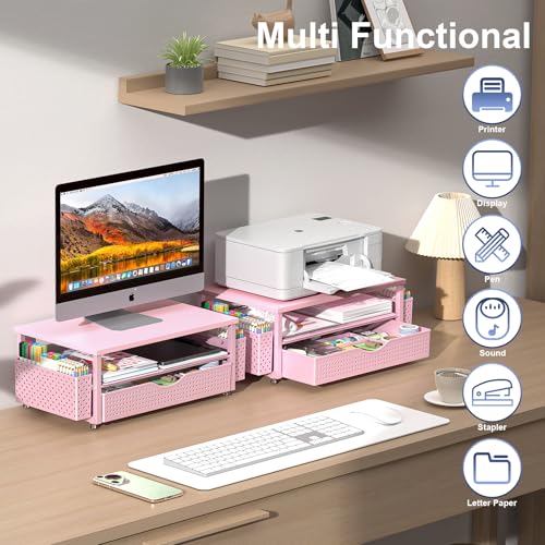 Spacrea Desk Organizer and Accessories, Computer Monitor Stand Riser with Drawer and 2 Pen Holders, Office Desk Accessories & Workspace Organizers for Office Supplies (Pink) - color: Pink