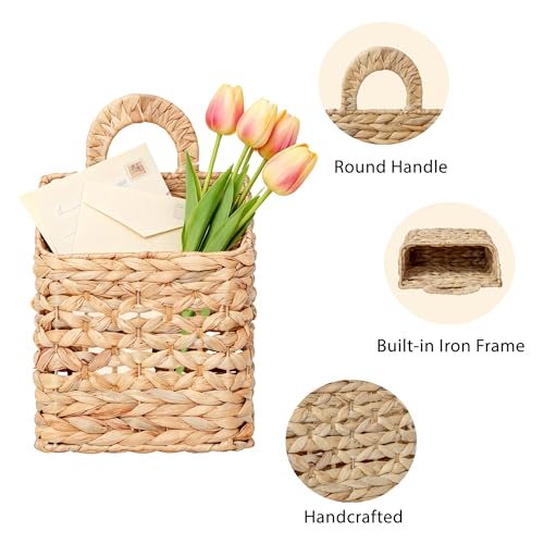 Wicker hanging basket, Water Hyacinth Wall Basket, Rustic Handwoven Hanging Storage Basket with Metal Frame for Farmhouse Home Decor, Garden or Organizing (1-Tier) - size: 1-Tier