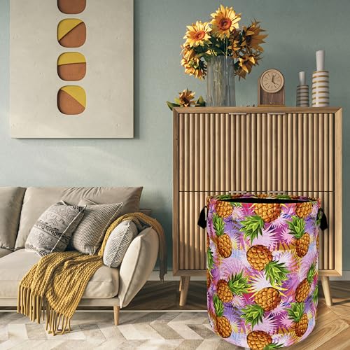 Tropical Pineapples Laundry Basket Foldable With Handles Palm Leaves Tote Bag Oxford Cloth Colorful Laundry Hamper Clothes Toy Storage Bucket For Bathroom/Laundry/Bedroom 18.9" x 16.5 " - color: Tropical Pineapples With Palm Leaves