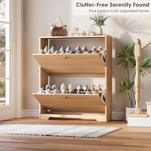 Nicetree Shoe Storage Cabinet with 2 Flip Drawers, Slim Shoe Cabinet, Hidden Shoe Rack Cabinet, Shoe Storage Cabinet for Entryway, Hallway, Foryer, Natural Oak - color: Natural Oak, style: 2-Drawers