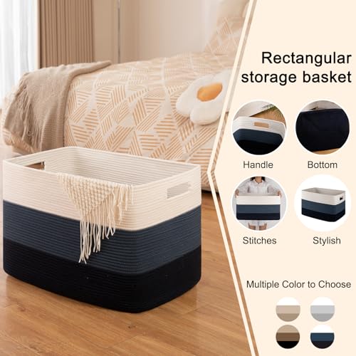 OIAHOMY 108L Super Large Blanket Basket, 25”x16”x16” Rectangle Woven Baskets for Storage, Cotton Rope Basket For Living Room, Toy Storage with Handle - Gradient Blue - color: Gradient Blue