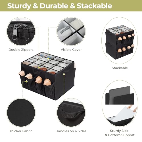 Shoe Organizer for Closet, Shoe Storage Solution with Clear Cover & Adjustable Dividers, Fabric Shoe Box Fits 16 +8 Pairs Shoes, Black, 2-Pack - color: Black, size: 2 Pack Medium