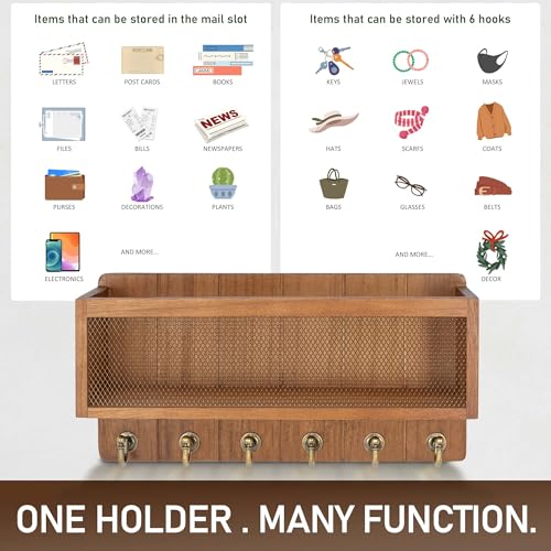 Rebee Vision Key Holder Wall Mount with Mesh Mail Basket – Mail Organizer for Wall Decor with 6 Key Hooks for Entryway, Kitchen – Functional Home Decor & Space-Saving Wooden Organizer (Golden Hook) - color: Light Brown