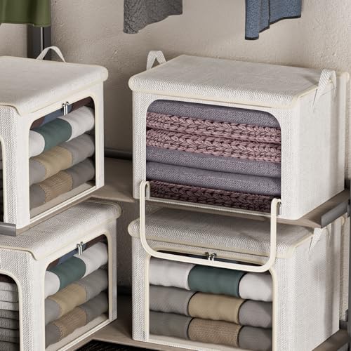 4 Pack Clothes Storage Bins with Metal Frame - 66L Stackable Storage Box with Lid，Foldable Storage Container Organizer for Clothes，Linen Fabric Storage Box with Clear Window＆Zippers＆Handles - color: Light Grey, size: 40L