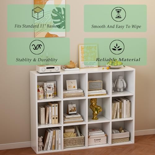 OSCHF 12-Cube Storage Shelf Bookcase - Wooden 3-Tier Floor Standing Open Bookshelf for Home and Office, Display Cabinet, Warm White - color: Warm White, size: 12-Cube