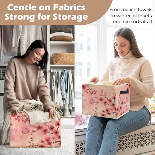 Pastel Pink Cherry Blossom Storage Bin Box with Handles, Aesthetic Pink Oriental Cherry Flower Foldable Linen Fabric Laundry Basket for Home Bedroom Bathroom Clothes Toys Books - color: Floral-I