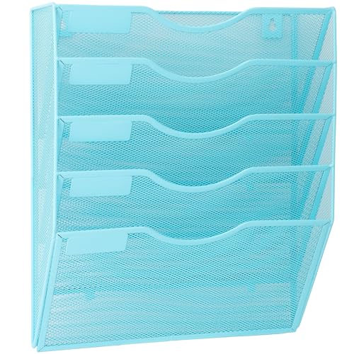EASEPRES 5 Pocket Mesh Hanging Wall File Organizer, Wall Mounted Mail Paper Document Folder Holder, Clipboard Storage Organization Magazine Rack with Nametag Label for Office Home School, Blue - color: Blue, size: 5 Tier