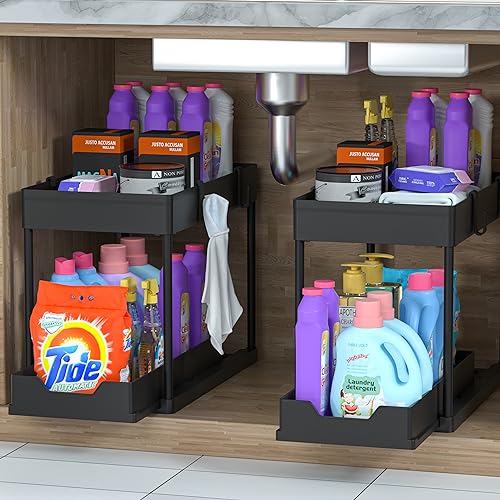 DEKAVA Under Sink Organizer 2 Pack, Bathroom Cabinet Organizer, 2 Tier Sliding Cabinet Basket Organizer Drawer, Multi-Purpose Bath Collection Baskets for Bathroom (Black) - color: Black
