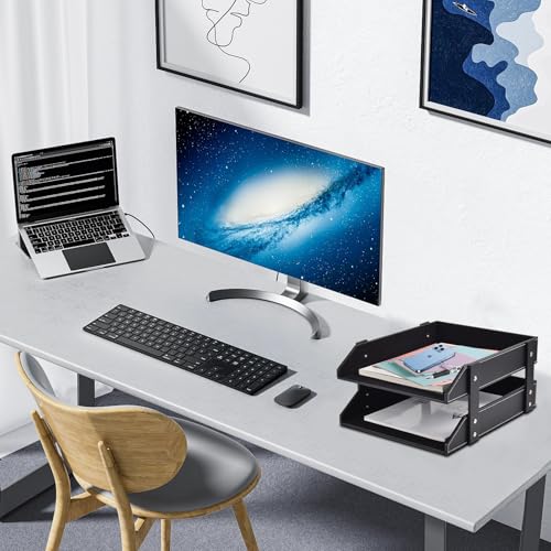 Leather Desk Organizer,2-Tier Stackable Letter Tray Holder,Office Supplies Desktop Storage Box for Document,Stationery,Magazines,Newspapers,Letters and Other Home Office Paper Sundries,Black - color: Black