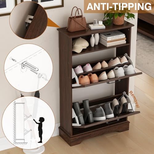 Shoe Storage Cabinet with 2 Flip Drawers, 24" W Farmhouse Modern Hidden Shoes Rack Cabinet with Adjustable Shelves & Open Storage, Narrow Slim Shoe Organizer for Front Door Entrance, Entryway, Walnut - color: Brown, size: 2-Drawers