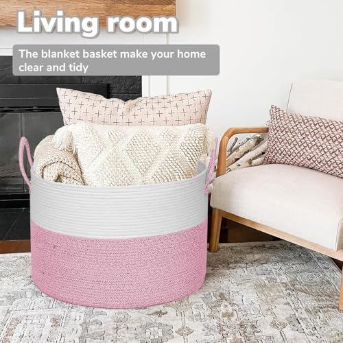 21" x 18" Extra Large storage baskets,Eco-friendly Decorative blanket basket with lid for Living room,rope baskets with lid,wicker hamper for bedroom,Big,Round,Pink 115L - color: White & Pink