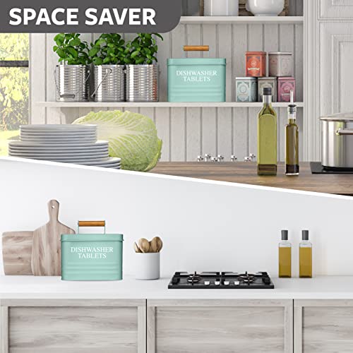 Calindiana Modern Farmhouse Metal Dishwasher Pods Container with Lid for Kitchen Organization and Storage, Kitchen Essentials Decor Accessories, Dishwasher Pods Holder, Mint - color: Mint