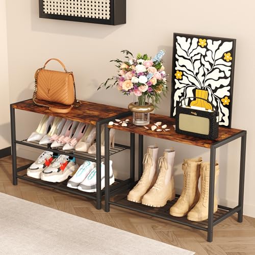 HOMEFORT 3-Tier Shoe Rack, Shoe Storage Shelf, Industrial Shoe Tower, Narrow Shoe Organizer for Closet Entryway, Small Shoe Rack Table with Durable Metal Shelves, Rustic Brown - color: Rustic Brown, size: 3-Tier (11.8"D x 23.23"W x 16.9"H)