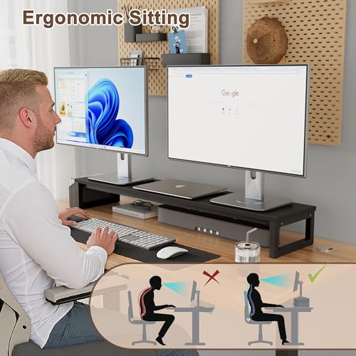 LAND·VOI Dual Monitor Stand Riser,41.5'' Long Monitor Stand for 2 Monitors, Wood and Steel Computer Monitor Stand, Desktop Oraganizer with Pen Holder, Monitor Riser for Desk Computer,Laptop,TV, Black - color: Black, size: Single-Type