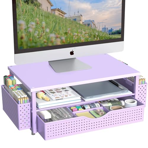 Spacrea Desk Organizer and Accessories, Computer Monitor Stand Riser with Drawer and 2 Pen Holders, Office Desk Accessories & Workspace Organizers for Office Supplies (Purple) - color: purple