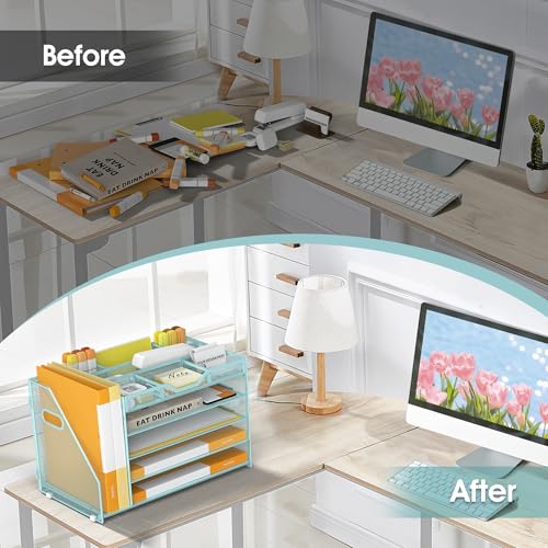 5 Tier Paper Letter Tray with File Holder and 3 Drop-in Pen Holders, Mesh Desk File Organizer with Handle, Desk Organizers and Accessories for School,Home, Office Supplies Storage-Blue - color: 5 Tier with File Holder-Blue, size: 15.4" x 9.1" x 10.3"