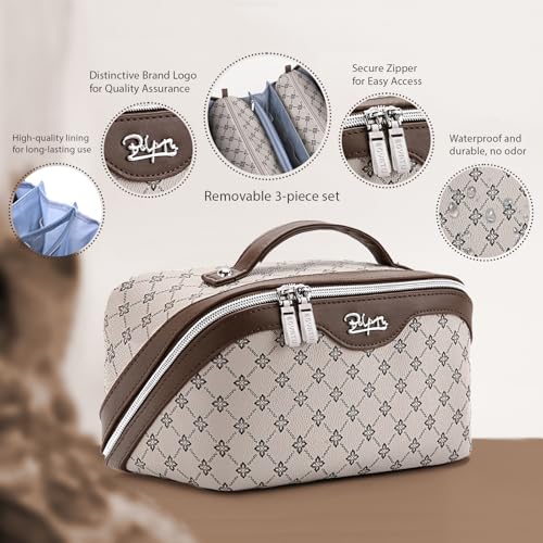 BOYATU Travel Makeup Bag Cosmetic Bags for Women: 3 Pcs Set Large Capacity Make up Bag with Handle - Vegan Leather Toiletry Bags with Compartments - Makeup Organizer for Travel Essentials(A-2-Khaki) - color: A-2-Khaki
