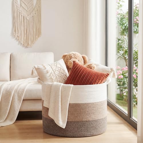 XXXXL 125L Extra Large Blanket Basket, 23.6" x 16.9" Jumbo Woven Cotton Rope Storage Basket with Handles, Laundry Hamper, Toy Storage for Living & Play Room(White, Beige & Natural Linen) - color: White, Beige & Natural Linen