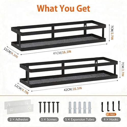PUSDON 2-Pack 16.5" Extra Long Slim Shower Caddy, Adhesive Wall Mount Bathroom Organizer, Rustproof Open Frame Mesh Spice Rack for Kitchen, Holds 50LBS - Matte Black, Guardrail - color: Matte Black, size: Minimalist Open (16.5" Extra Long)