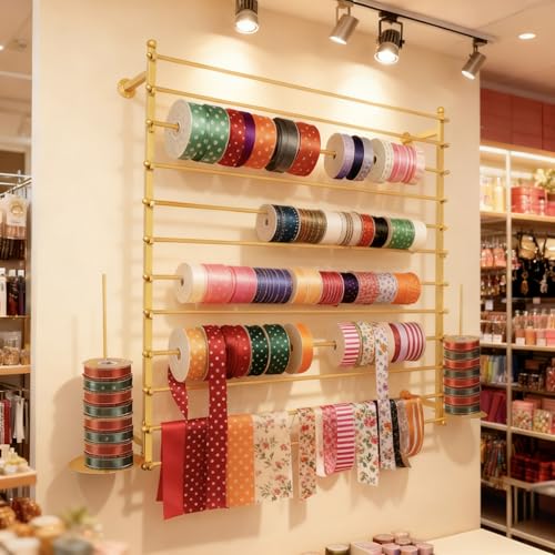 12 Layers 120cm Gold Wall Display Stand Wrapping Paper Ribbon Organizer Holder Storage Scarf Tie Belt Towel Spool Sewing Tool Hijab Metal Shelving for Home, Retail Stores, Flower Shop, Studio - color: Gold, size: L: 47.2 in, H: 47.2 in