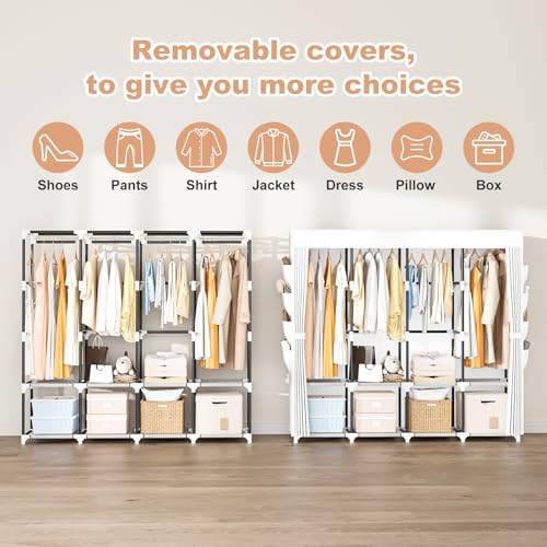 Portable Closet for Hanging Clothes, 67 Inch Wide Portable Wardrobe Closet with Cover, 4 Hanging Rod, Storage Shelves and Side Pockets, Large Free Standing Closet for Bedroom, White - color: White, size: 4 Row - 67'' Wide
