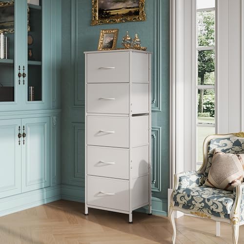 WLIVE Fabric Dresser, 5-Drawer Tall Dressers for Bedroom, Storage Dresser Organizer with Fabric Bins, Wood Top, Sturdy Steel Frame, Chest of Drawers for Closet, Hallway, White - color: White