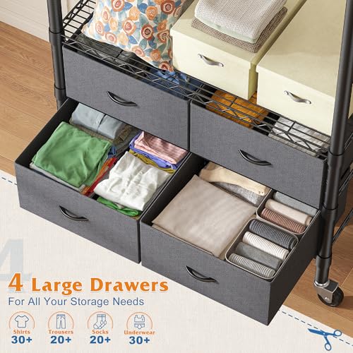 Raybee Clothes Rack Heavy Duty Clothing Rack with Rolling Wheels & 4 Drawers, Clothing Racks for Hanging Clothes with Drawers, Black - color: Black, style: Clothes Rack with Wheels