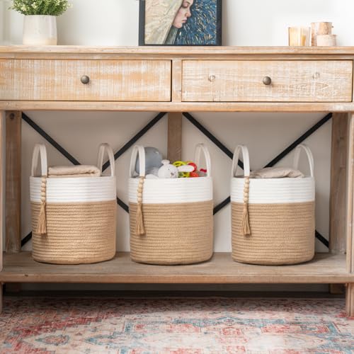 Mkono Woven Storage Basket Decorative Rope Basket Wooden Bead Decoration for Blankets,Toys,Clothes,Shoes,Plant Organizer Bin with Handles Living Room Home Decor, 11" W × 11" L, Cream White and Brown - color: Cream White and Brown, size: 11"W x 11"L
