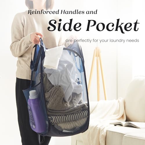 Collapsible Pop Up Laundry Basket, Hamper with Sturdy Handles and Side Pocket - Mesh Portable Foldable Dirty Clothes Hamper for Dorm, Laundry room, Bathroom and Travel Storage, Navy Blue - color: Blue, size: 1 Pack