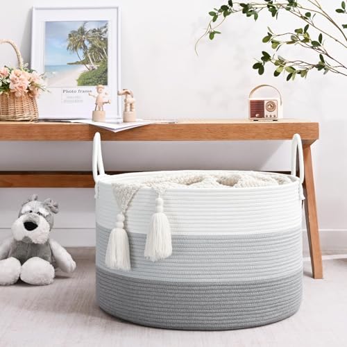 Extra Large Toy Basket, 20"x13" Kids Toy Storage for Playroom Classroom Nursery, Woven Rope Blanket Basket with Handles, Stuffed Animal Organizer & Dog Toys Basket, Gray - color: Gray - Wide