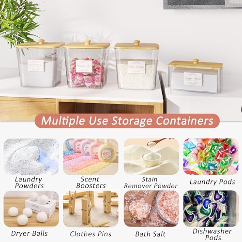 Vincona Laundry Room Organization and Storage, Laundry Pods Container and Dryer Sheet Holder with Bamboo Lids and Labels, Laundry Organizer with Scoops for Booster Beads, Powder, Pods, 4+1 Pack - size: 4+1 Pack