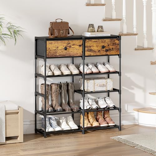Shoe Rack, 6 Tier Shoe Rack Organizer with 2 Large Drawers, Shoe Storage for 20-24 Pairs, Sturdy Metal Shoe Shelf Shoe Stand for Closet Entryway, Rustic Brown and Black - color: Rustic Brown and Black, size: 6 Tier