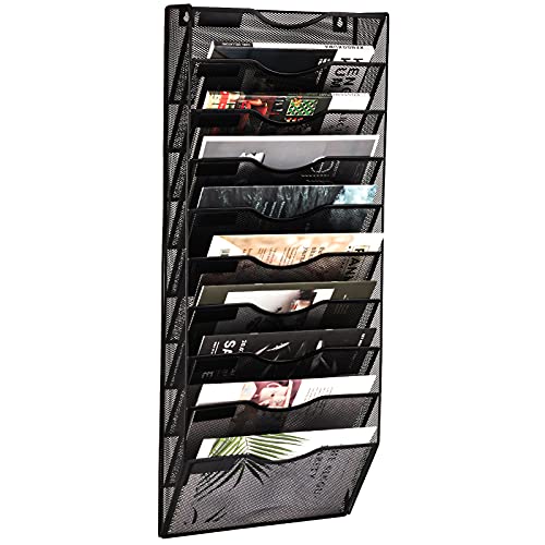 EASEPRES 10 Pocket Mesh Hanging Wall File Organizer, Wall Mounted Mail Paper Document Folder Holder, Clipboard Storage Organization Magazine Rack with Nametag Label for Office Home School, Black - color: Black, size: 10 Tier