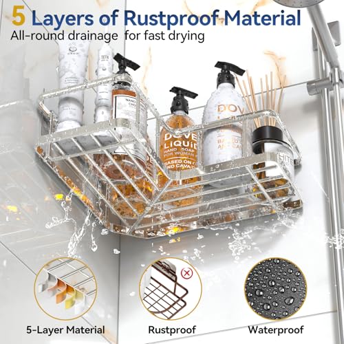 YASONIC Corner Shower Caddy Organizer, Self-Adhesive Rustproof Bath Shelves with Soap Holder & 4 Hooks, Large Capacity Shower Storage Rack for Bathroom Organization, (3Pack, Silver) - color: Silver, size: 3Pack