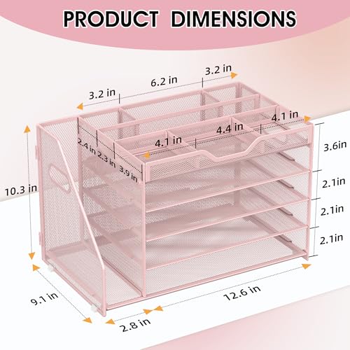 5 Tier Paper Letter Tray with File Holder and 3 Drop-in Pen Holders, Mesh Desk File Organizer with Handle, Desk Organizers and Accessories for School,Home, Office Supplies Storage-Pink - color: 5 Tier with File Holder-Pink, size: 15.4" x 9.1" x 10.3"
