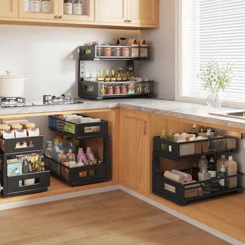 2 Packs 17IN Depth Under Sink Organizer, 2-Tier Pull Out Cabinet Organizer With Smooth Circular Rail, Large Capacity Metal Mesh Sliding Drawers For Bathroom& Kitchen Storage,Height Adjustable –Black - color: Black, size: 2 Pack-17"Dx11.6"-16.7" H