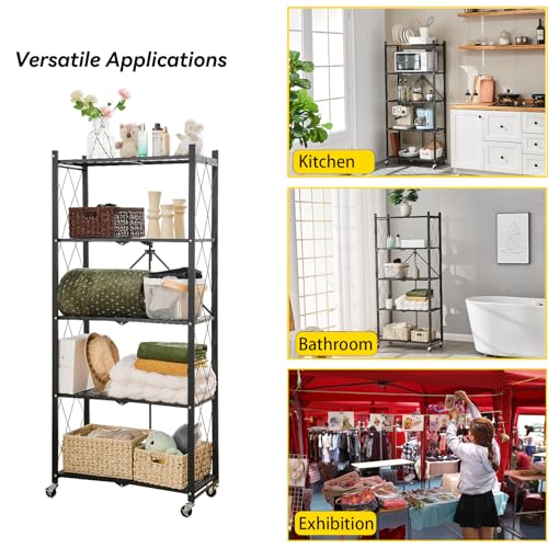BRIAN & DANY 5-Tier Foldable Storage Shelves with Wheels, Folding Metal Rack Shelving Unit, Heavy Duty No Assembly Organizer Shelf for Garage, Kitchen, Basement, Pantry, Black - color: Black, size: 5-tier