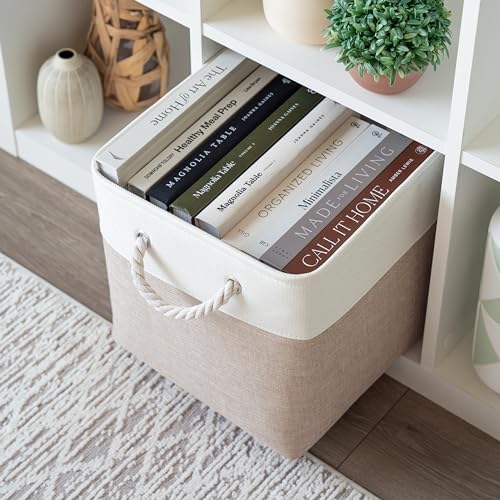 OrganiHaus 12x12 Cube Storage Bins 4 Pack, Foldable Cube Storage Organizer w/ Rope Handles, Collapsible Fabric Bins for Toys, Clothes & Closet Organization, Fabric Square Baskets - Beige/White - color: Beige Base / Off-White, size: 4 pcs (12x12)