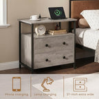 Edbuosy 27 inch Wide Night Stand Set 2 with Charging Station, Bedside Table with Open Shelf, 2 Drawers Small Wood Dresser, Modern Wood Nightstand for Bedroom/Living Room (Rustic Gray) - color: 2 Pack, Rustic Gray, size: 2 Drawers