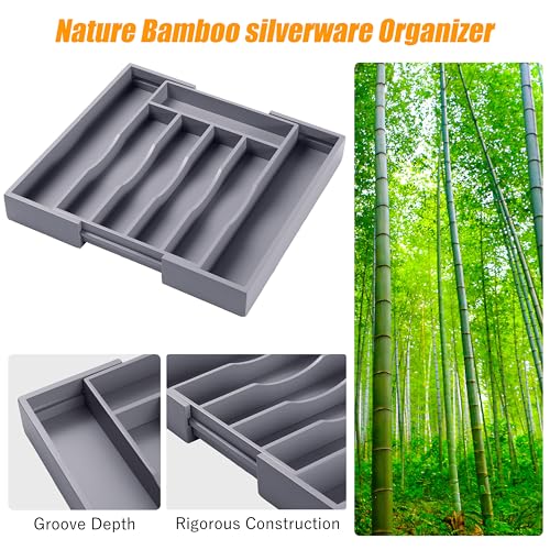 Kitchen Silverware Drawer Organizer and Storage Bamboo Wood Cooking Utensil Holder Cutlery Knife Jewelry Spice Rack Spoon Fork Multi Cabinet Organization Bathroom Counter Expandable Adjustable Tray - color: Gray, size: 7 Slots Expandable