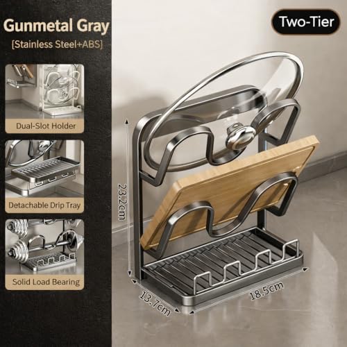 NUOREEL Kitchen Pot Lid Organizer, Extra-Wide Kitchen Pot Lid Storage Rack for Bigger Lids, Heavy-Duty Carbon Steel Frame with Reinforced ABS Base, Fits 30–32cm Lid (Gray) - color: Gray