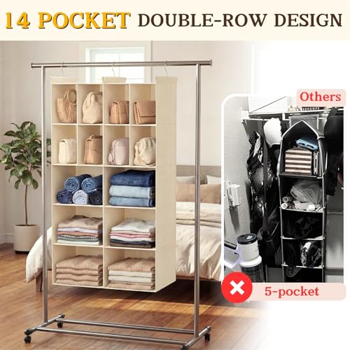 Ofiray-home 5 Tier Hanging Closet Organizer, 14 Compartments Sweater Organizer for Closet with 3 Sturdy Hooks, Closet Organizers and Storage, Wardrobe, Rv, Garment Rack, Beige - color: Beige, size: 5-Tier