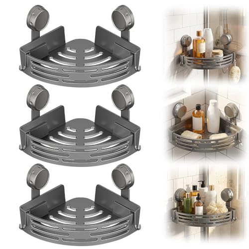 Triangle Suction Cup Corner Shelves, 2026 Upgraded No Drilling Bathroom Storage Rack with Hooks, Waterproof Shower Organizer for Bathroom, Corner Shelves for Shower (Grey, 3 PCS) - color: Grey, size: 3 PCS
