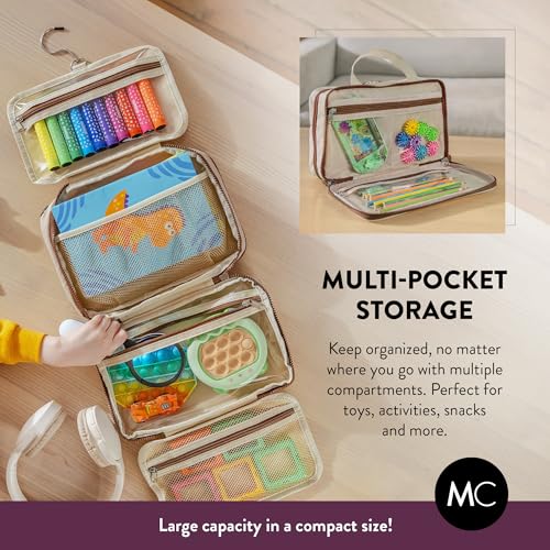 Kids Travel Organizer – Multi-Compartment, Water-Resistant Hanging Bag for Toys, Snacks, & Activities - Compact, Lightweight Design with Hook & Carry Handle - Perfect for Travel Use (Beige, Small) - color: Beige, size: Small
