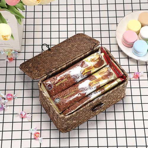 Hipiwe Handwoven Wicker Basket with Lid Desk Organizer for Remote Control Key Glass Coffee Color Seagrass Box for Decoration, 7.0"L x 4.3"W x 3.3"H - color: Coffee color, size: 7.0" x 4.3" x 3.3"