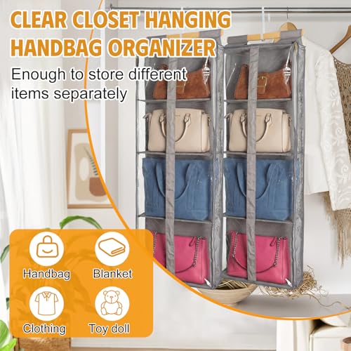 Silkfly 2 Pack Hanging Purse Organizer for Closet Clear Handbag Storage Hanger with Zipper Holder over The Door Wardrobe Tote Bag Storage Holder for Bedrooms Living Room (Brown) - color: Brown